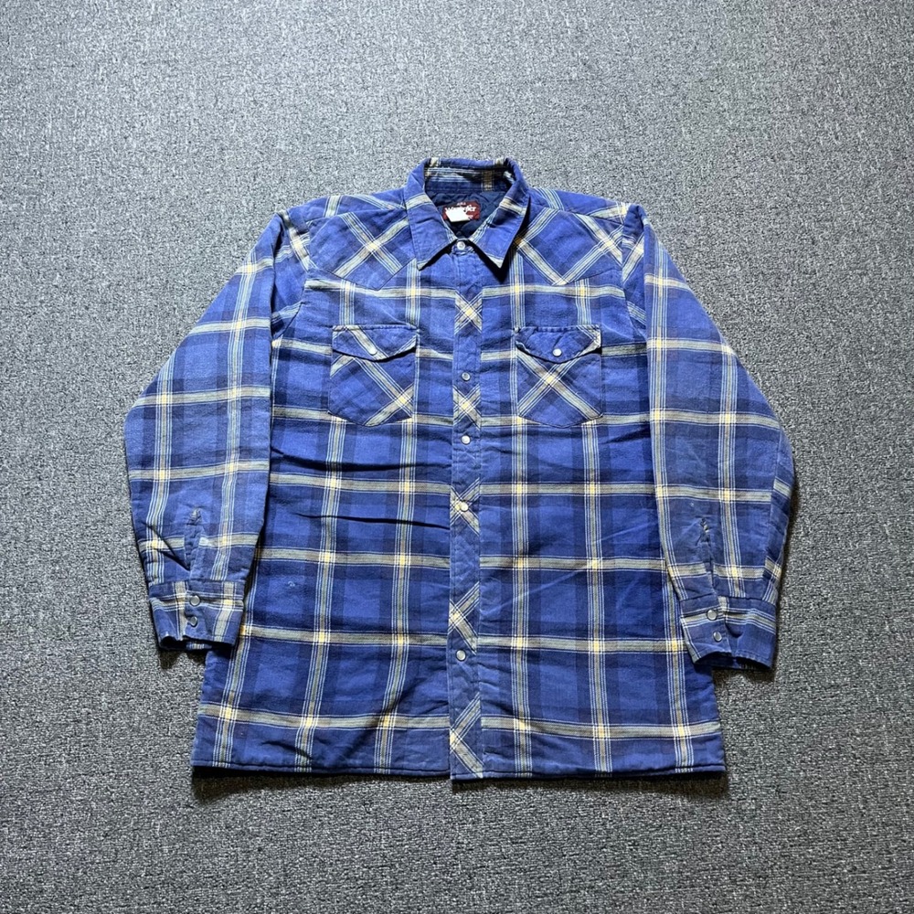Vintage Wrangler Western Shirt Jacket Large Blue Plaid Quilted Pearl Snap 90s